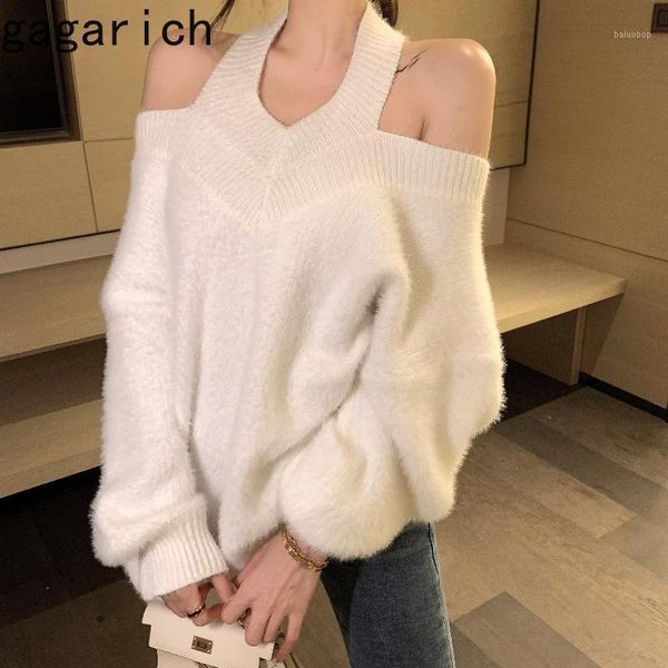 

gagarich women sweaters 2021 winter autumn french elegant temperament ladies hanging neck strapless lazy style pullovers1, White;black