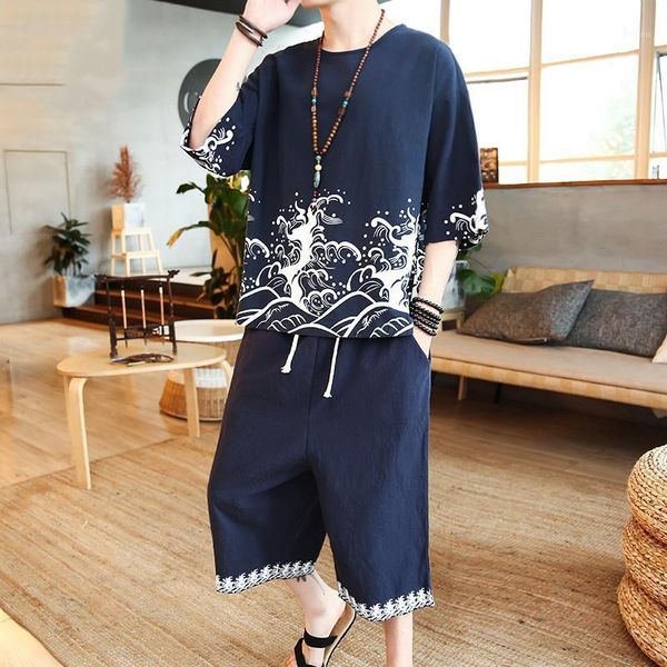 

summer men set vintage chinese cloud printed wushu clothing beach shorts + shirts male hip hop new arrival 2021 set 5xl1, Gray