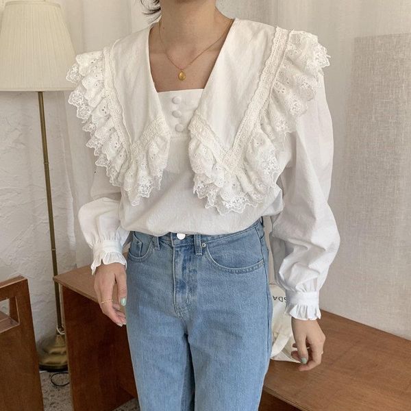 

2020 autumn white chic sweet ruffles patchwork new girls loose elegant blouse casual all-match shirt