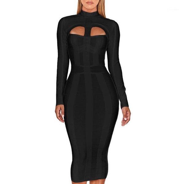 

casual dresses ocstrade women black bandage dress bodycon 2021 arrivals cut out high neck long sleeve party rayon midi dress1, Black;gray