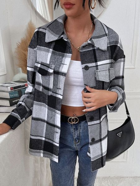 

plaid print drop shoulder overcoat u0xa#, Black