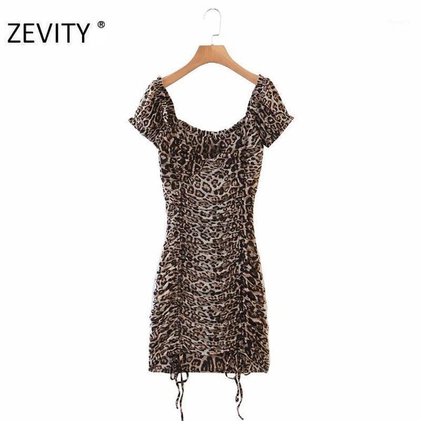 

zevity new women pleated ruffles leopard print stretchy slim dress female bow tied mini vestidos chic summer dresses ds42981, White;black