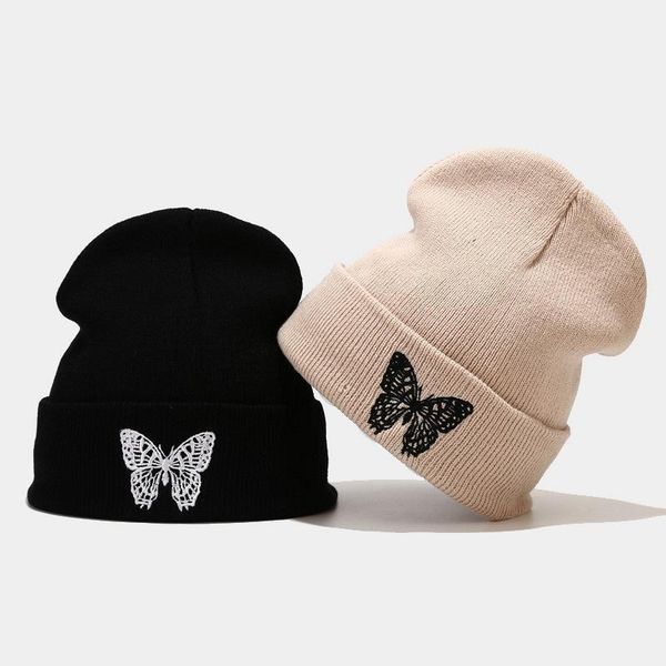 

beanies autumn winter skullies beanie hat for women warm solid butterfly embroidery knitted brimless cover head men's gorro1