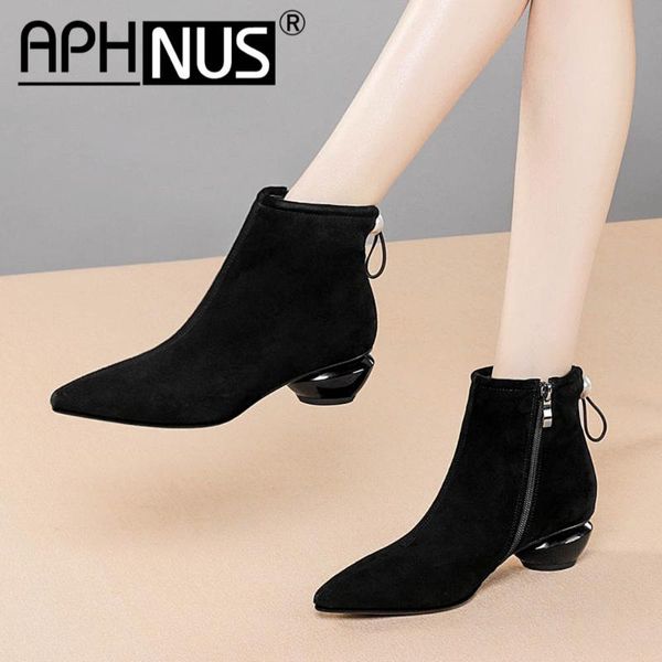 

boots aphnus womens short ankle booties mid high heels pumps woman 2021 shoes for women boot zipper, Black