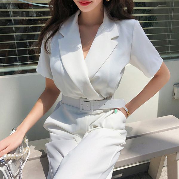 

2021 ladies of the taped short-sleeve necklace bands elegant women job wide leg white overalls tdq6, Black;white