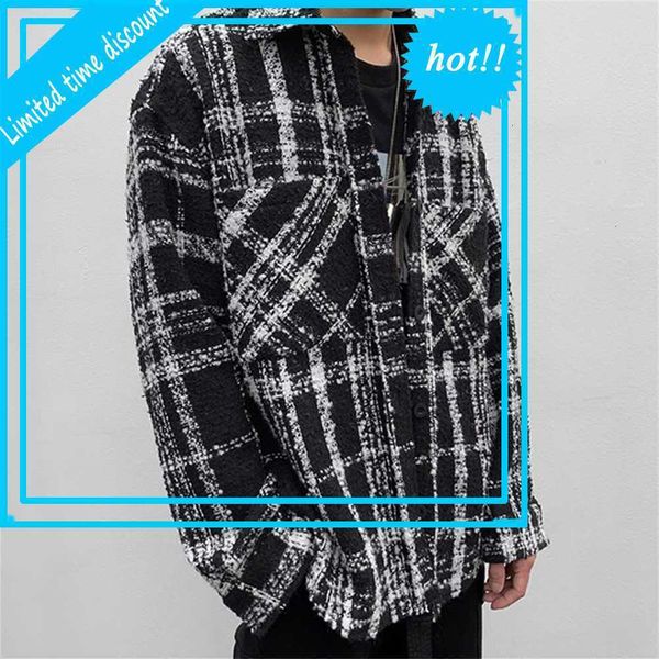

lapel black color plaid men and women oversize streetwear checkered shirt long sleeve baggy thick shirts, White;black