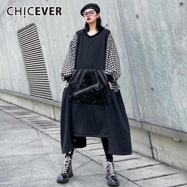 

chicever patchwork plaid hit color women's sweatshirt o neck lantern sleeve pocket oversize loose pullovers female 2020 fashion, Black