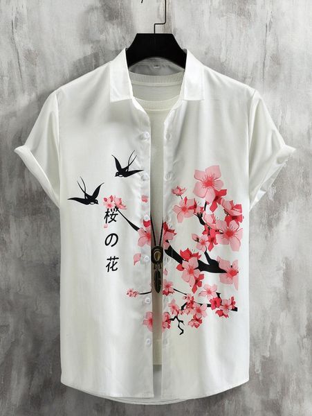 

men japanese letter & floral print shirt without tee 05ys#, White;black