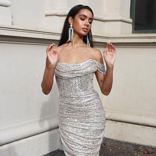

summer dress for women maxi club silver dresses sequined off shoulder long dress party vestidos de mujer robe femme fitness, Black;gray
