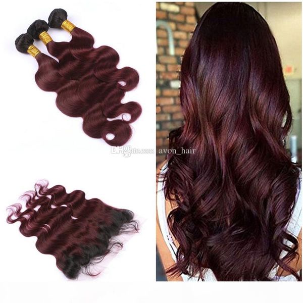 

wine red 99j ombre волос соткать 3bundles с фронтальным закрытие dark root 1b 99j burgundy объемная волна волос уток с фронтальным для женщи, Black;brown