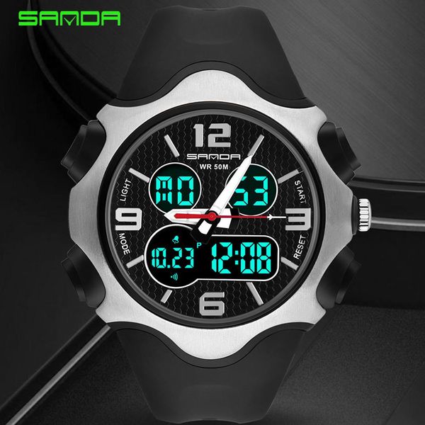 

sanda новые мужчины спортивные кварцевые часы мужчины многофункциональные водонепроницаемые светящиеся цифровые наручные часы мужчины двойны, Silver