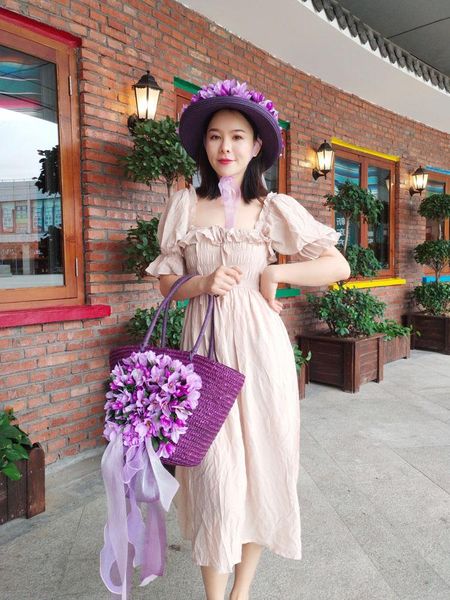 

custom handmade women flower beach straw bag and hat suit rattan handle tote with ribbon for summer out fitting handbag lady