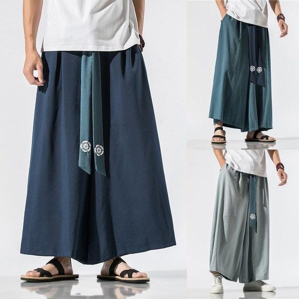 

japanese traditional samurai style kimono loose casual wide leg pants for men fashion streetwear linen male solid trouser pants1, Red