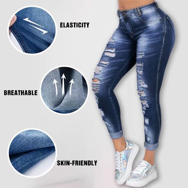 

high waist skinny ripped jeans for women 2020 stretch hole pencil pants bleached denim jeans korean casual trousers s-5xl black, Blue