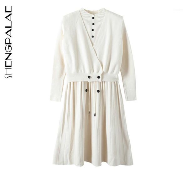 

shengpalae fashion eleght solid color sleeveless cardigan vest + medium length dress knitted two piece set for women 5a5561, Gray