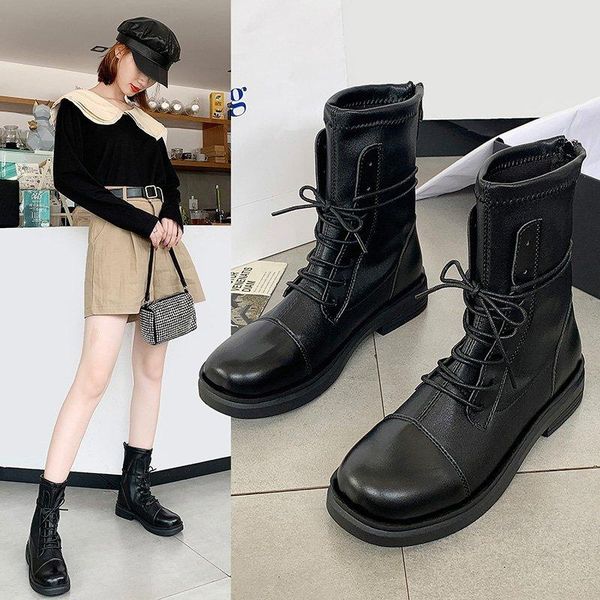 

lace-up student boots square heel flat casual boots single round toe black all-match mid-tube pu soft