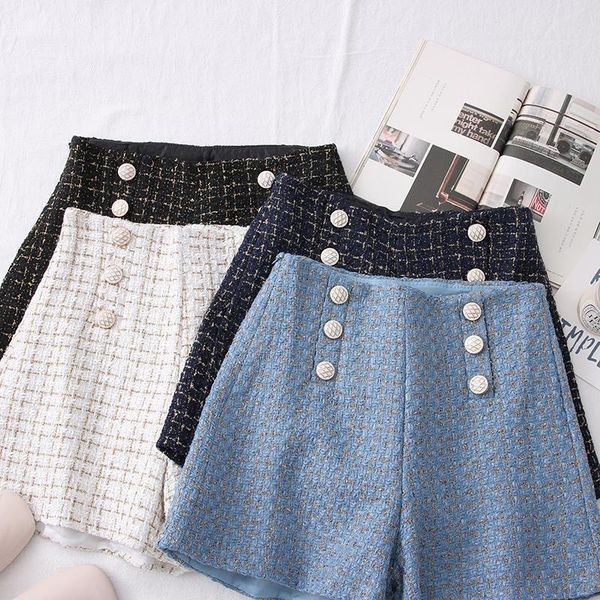 

new high waist tweed shorts women casual loose ladies fashion spring autumn slim button shorts all-match, White;black