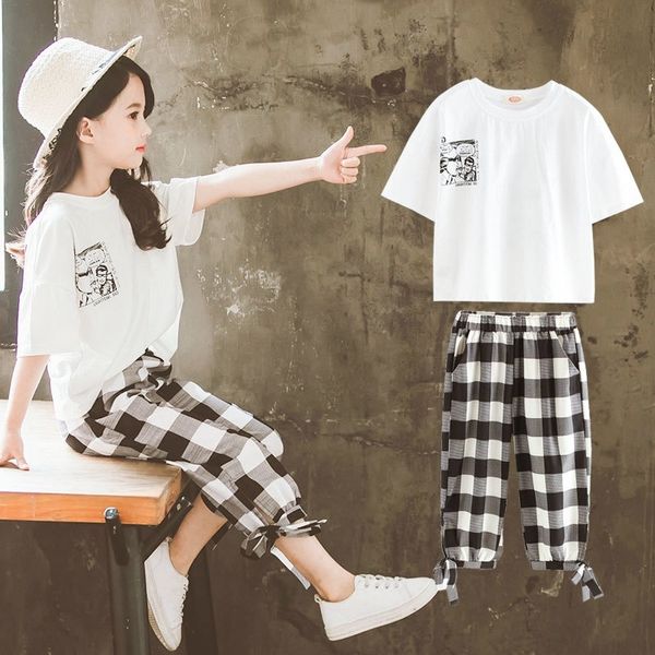 

summer clothing sets girls short sleeve t-shirt+casual pants teen girl clothes 8 10 12 14 years back to school outfit y200525, White