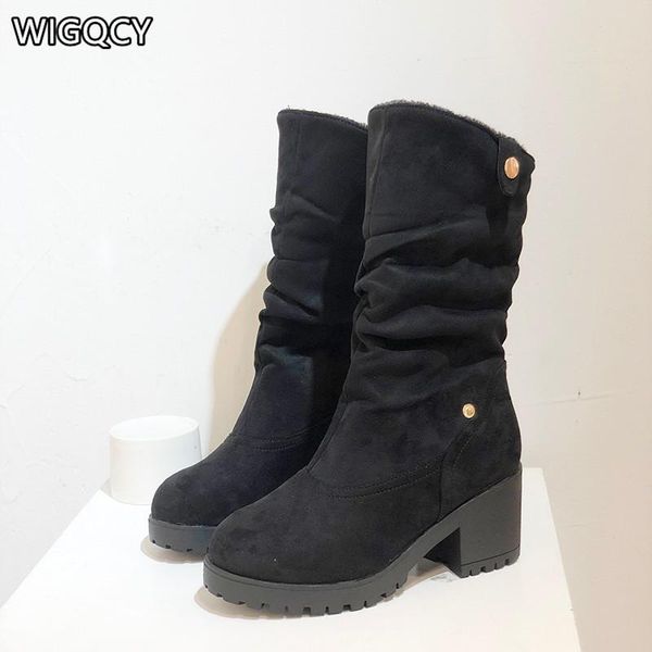 

boots 2021 autumn and winter women's nubuck leather mid-tube snow women shoes round toe wedges, Black