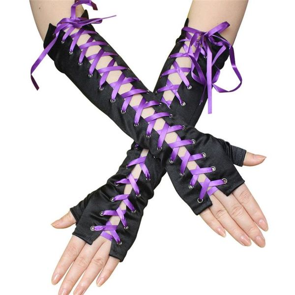 

five fingers gloves 1 pair women fingerless fashion long elbow summer lace & mittens white black tie up gothic ladies 39cm, Blue;gray
