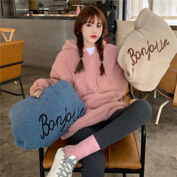 

women's hoodies & sweatshirts winter thicken hooded sweatshirt oversized harajuku loose pocket letters embroidery warm lambwool pullove, Black