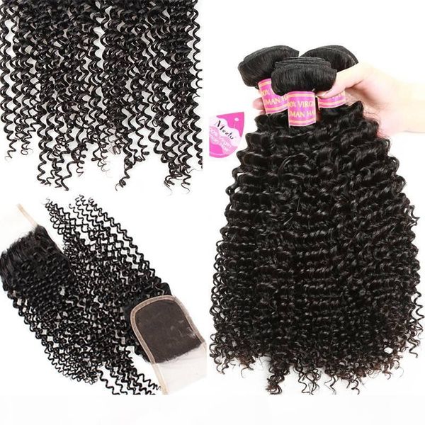 

meetu 8a mink brazilian curly virgin hair 4 bundles with lace closure good brazilian kinky curly human hair weave bundles with closure, Black