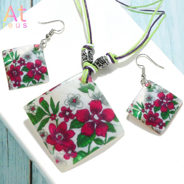 

korean style indie flower jewelry set lady bride shell printed rhombus pendant necklace rope chain dangle earrings, Silver
