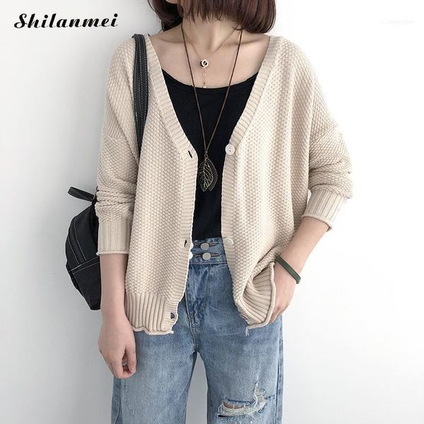 

2019 autumn thin knitted cardigan korean style white solild loose sweater coat women single button winter ladies casual coat11