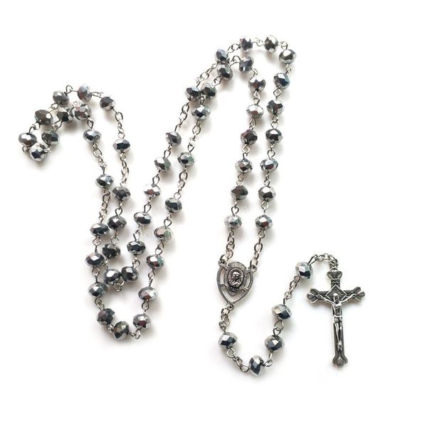 

gray crystal rosary necklace long vintage cross catholic necklace for women men religious paryer jewelry, Silver