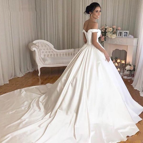 

simple satin ball gown wedding dresses 2021 off shoulder court train short sleeves wedding bridal gowns robes de mariee, White