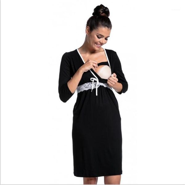 

summer women three quarter sleeve maternity pregnant dress loose solid color maternity pajamas nursing clothes sleepwear1, Black;gray