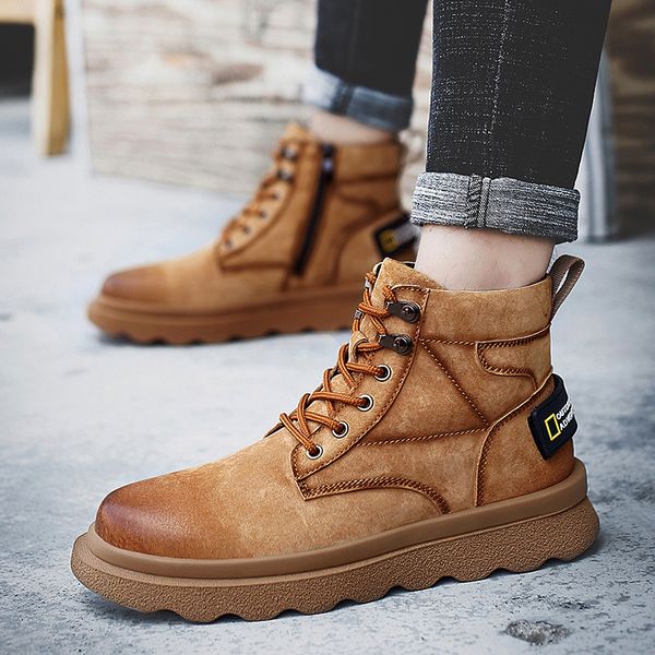 

genuine shoes lace up winter waterproof ankle outdoor fashion men cow leather working boots, Black