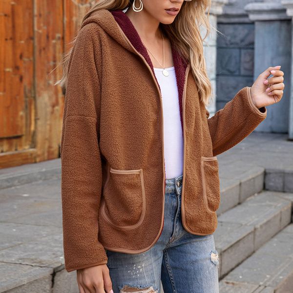 

winter clothes women fashion hoodie patchwork long sleeve pullover plush pockets zipper coat kg-1060, Black