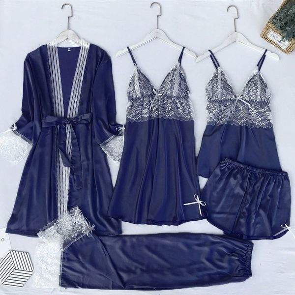 

Satin Lace 5PCS Sleep Set Sexy Kimono Bathrobe Gown Female Robe Silky Nightwear Intimate Lingerie Casual Nightgown Sleepwear, 5pcs grey