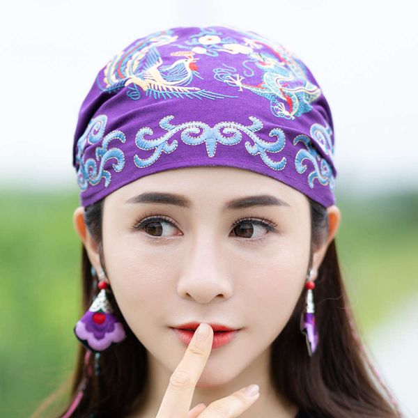 

national style new cotton and hemp longfeng chengxiang embroidered leisure headband baotou women's four seasons hat thin, Black;white