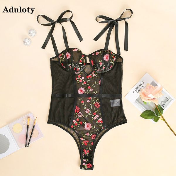 2020Nuove donne Teddy lingerie Biancheria intima sexy Set Corsetto erotico Maglia di pizzo Sleepwear Nightwear Cinghia ricamata pigiama di un pezzo LJ201031