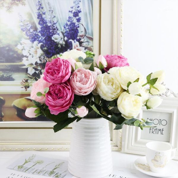 

30cm pink silk peony artificial flowers bouquet 5 big head and 4 bud fake flowers for home wedding decoration indoor1