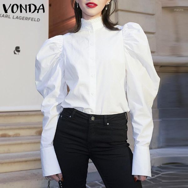 

women's blouses & shirts elegant office casual long sleeve 2021 vonda women puff party work blouse femininas plus size1, White