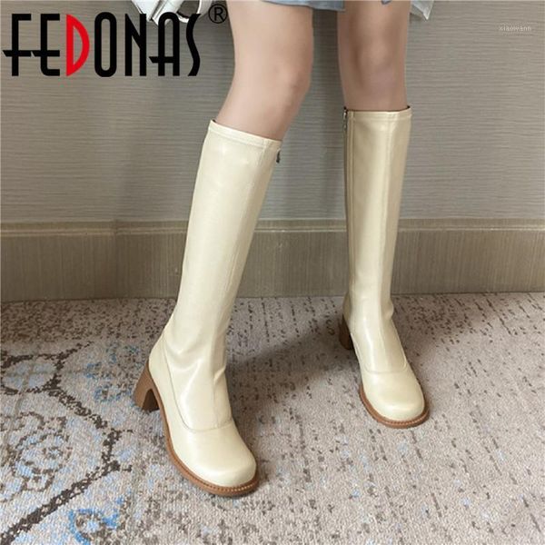

fedonas elegant round toe shoes woman 2020 genuine leather thick heels slim long shoes wedding party knee high boots1, Black