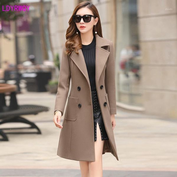 

2019 new winter korean version of the slim slimming fashion temperament lapel double-breasted regular sleeve long woolen coat1, Black