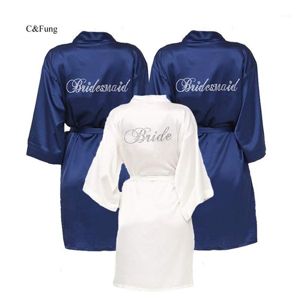 

c&fung dark blue bride robe women's bridesmaid kimono robes satin rhinestone short wedding kimono bathrobe brides wedding party1, Black;red