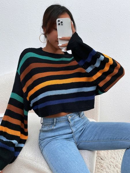

stripe pattern lantern sleeve sweater y0ou#, White