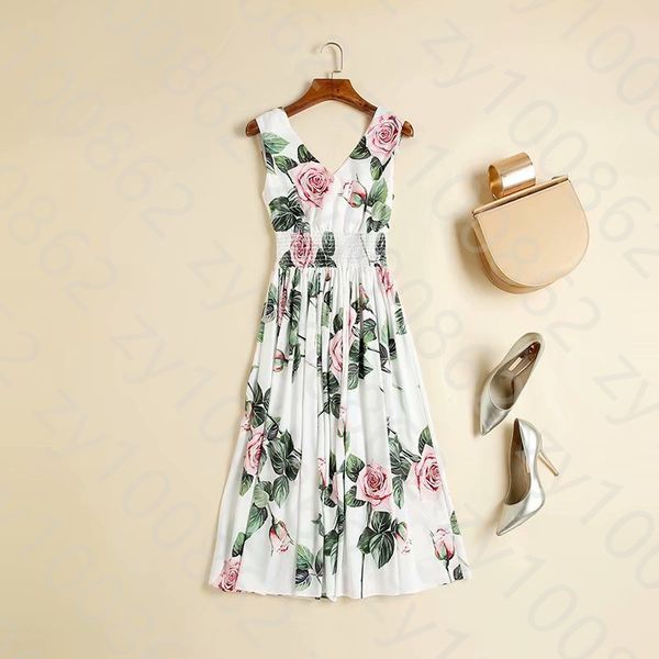 

european and american women's dress 2020 summer new styles sleeveless v-neck rose print fashionable pleated dress, Black;gray