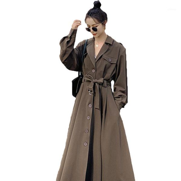 

fashion windbreaker dress women's mid-length over the knee 2021 spring autumn new temperament waist trench coats 101b1, Tan;black