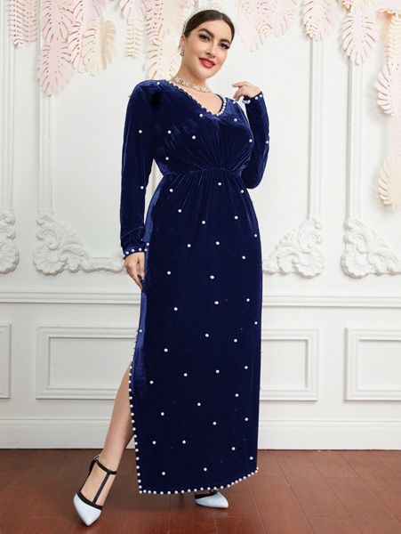 

plus pearls beaded split hem velvet dress x0az#, Black
