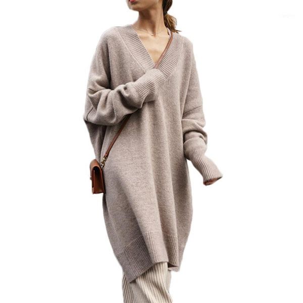 

2020 new autumn and winter oversize v-neck large size knitted pullovers women loose base mid-long pullover sweater ns20861, White;black