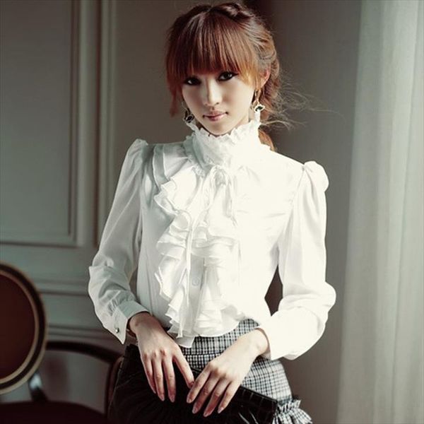 

oversize 5xl women lolita shirt long sleeve stand collar chiffon blouses with ruffles ladies bow shirt royal style gothic, White