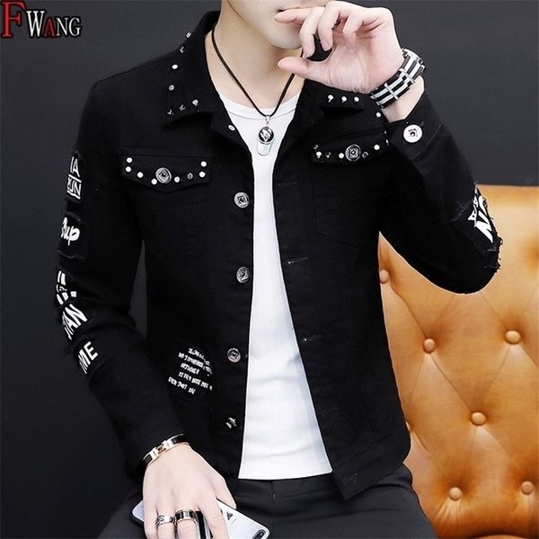 

wholesale fashion casual denim spring men's korean hole spring clothing jacket single-breasted guy rivet washed casual coat 201118, Black;brown