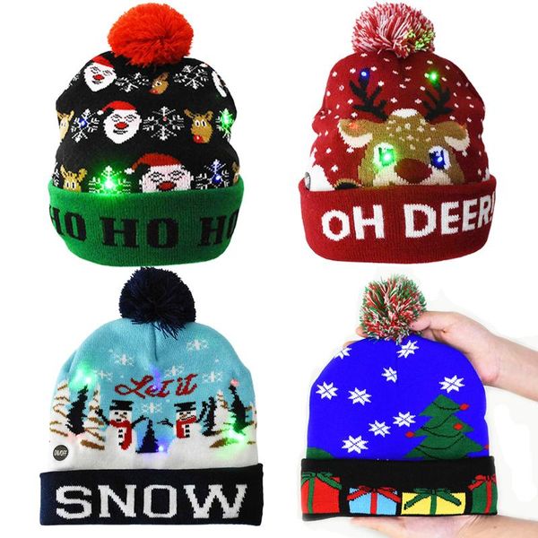 

1pc led christmas hats christmas tree snowman pattern knitted beanie hat with colorful lights for kids adults new year xmas gift
