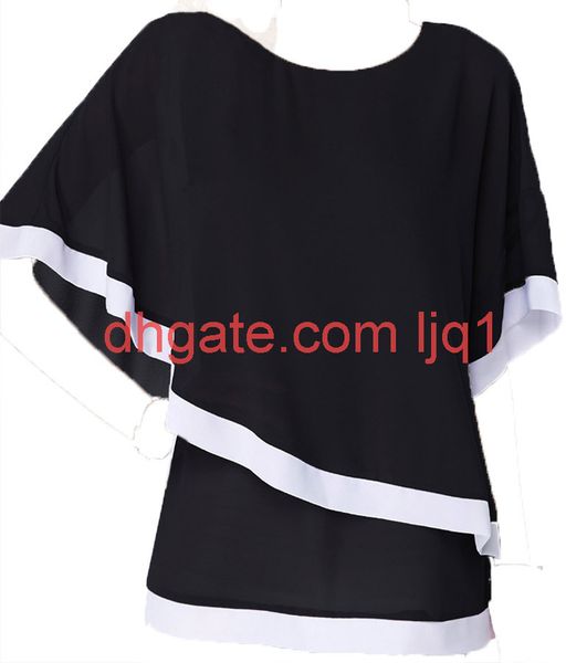 

2019 new summer dress bat sleeve stitching irregular chiffon shirt for women, White